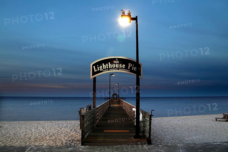 The Biloxi pier at dusk with a view of the ocean, Biloxi, Mississippi, USA
