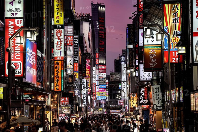 Glowing road signs in Kabukicho at night in Shinjuku, Tokyo, Shinjuku, Japan