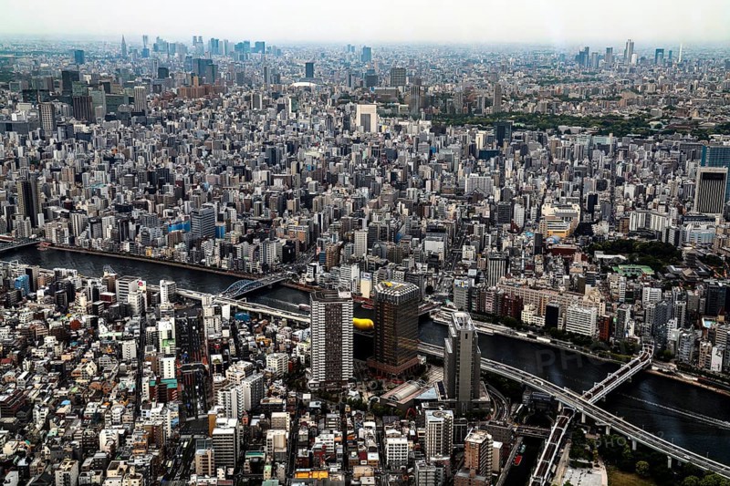 Wide-ranging view of the dense buildings of Tokyo, Tokyo, Sumida, Japan