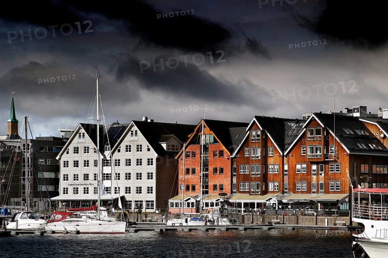 Wooden houses in the center of Tromsø on the waterfront, Tromsø, Troms, Norway