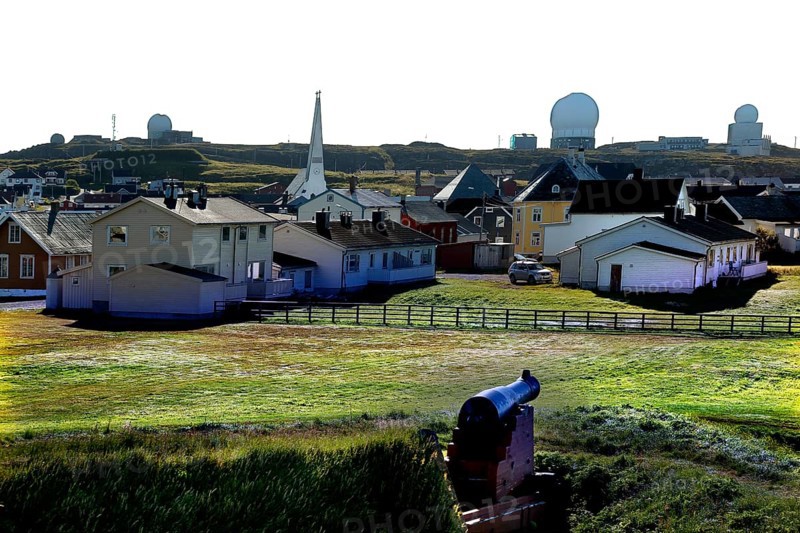 View of the city with churches and radar systems from Vardø Fortress, Finnmark, Norway