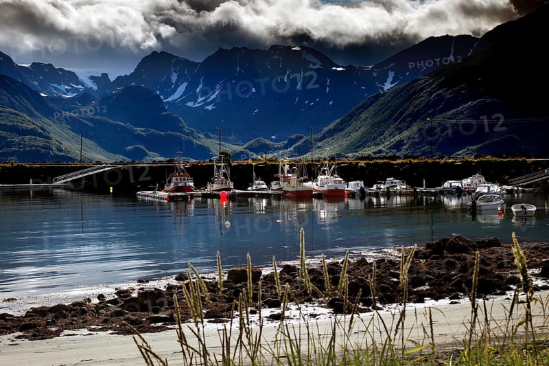 Fishing boats in Øksfjord harbour against mountain backdrop, Øksfjord, Finnmark, Norway