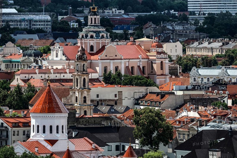 View of the old town of Vilnius with church towers and red roofs from the Three Crosses Hill, Vilnius, Lithuania