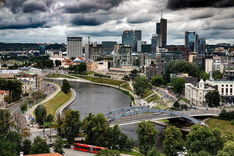 View from Gediminas Hill to the financial and business center on the banks of the Neris, Vilnius, Lithuania
