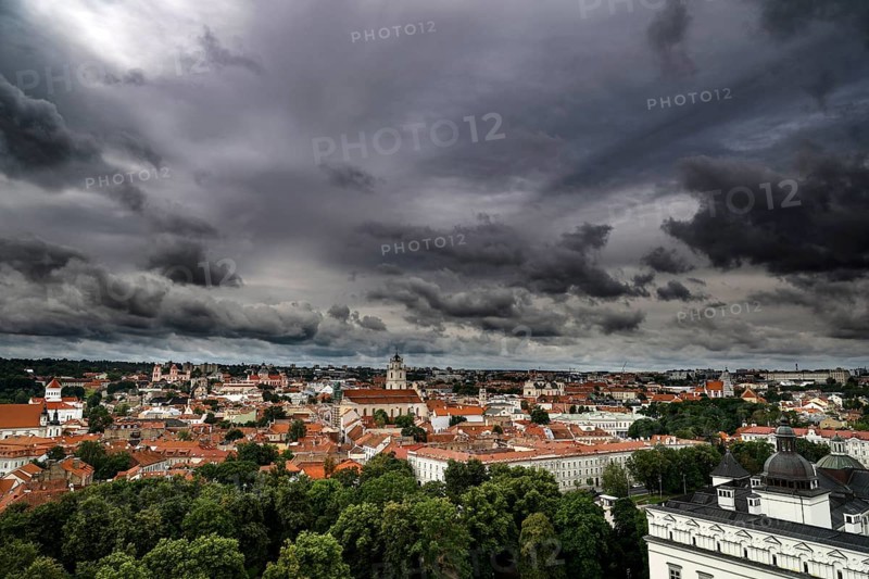 Dramatic sky over Old Vilnius with view from Gediminas Hill, Vilnius, Lithuania