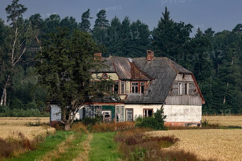 Abandoned house surrounded by fields and trees under cloudy sky, Zemgale, Latvia