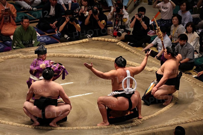 Yokozuna ceremony at Ryogoku Kokugikan with concentrated atmosphere, Tokyo, Japan