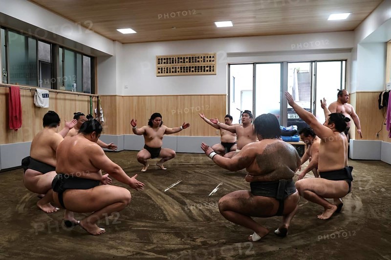 Sumo wrestlers practice together in the dojo in the Ryogoku district of Tokyo, Tokyo, Ryogoku, Japan