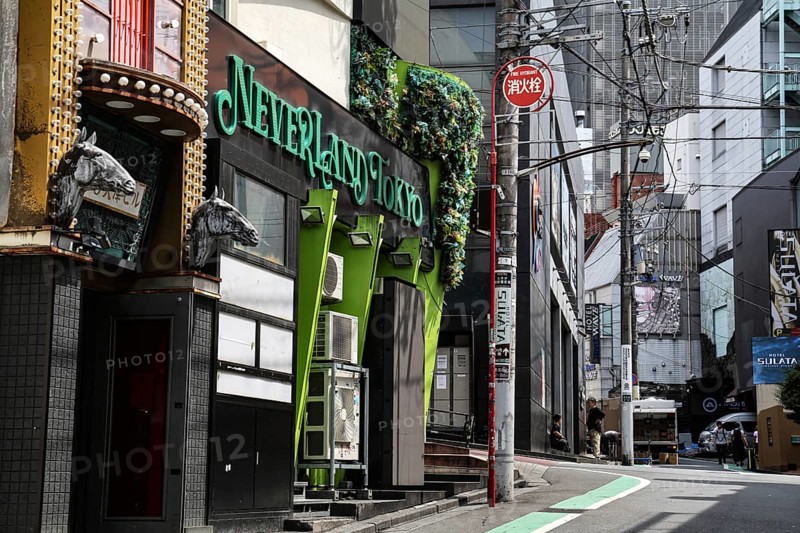 City street with buildings, green façade elements, Tokyo, zero, Japan