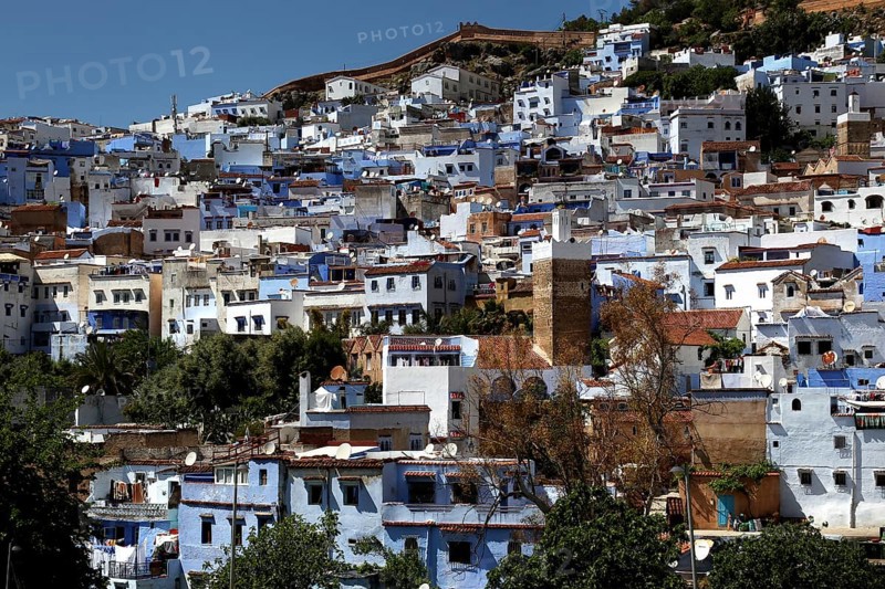 View of the hilltop town of Chefchaouen with distinctive blue and white buildings, Chefchaouen, Tanger-Tetouan, Morocco