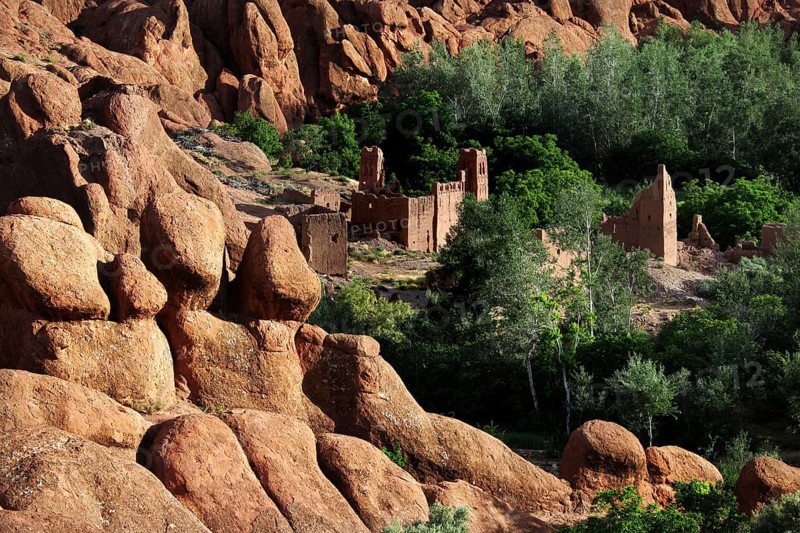 Unique 'monkey paw' rock formations with mysterious ruins and lush greenery, Dadès, region, MA