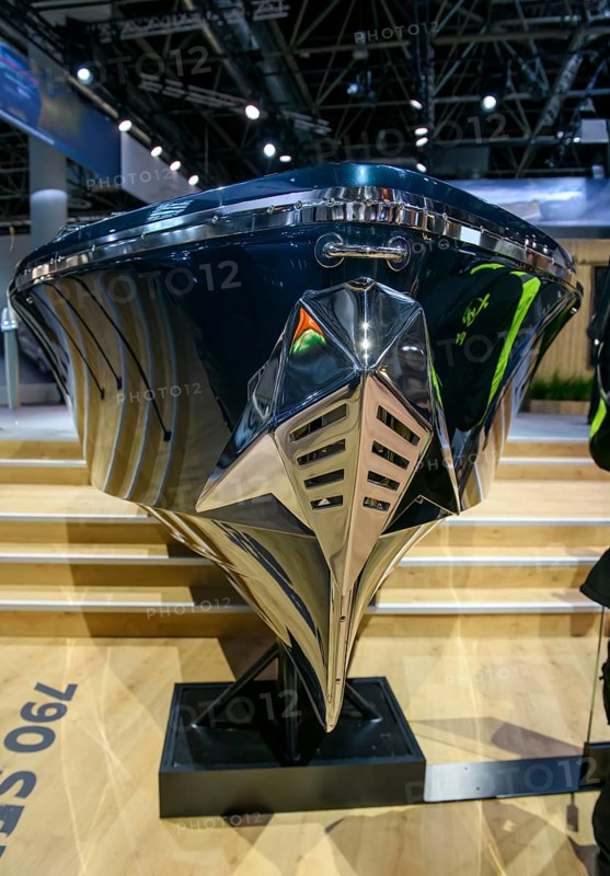 Press photo of bow of luxurious sports boat Frauscher x Porsche 790 Spectre at Messe boot 2026, Messe boot, Düsseldorf, North Rhine-Westphalia, Germany