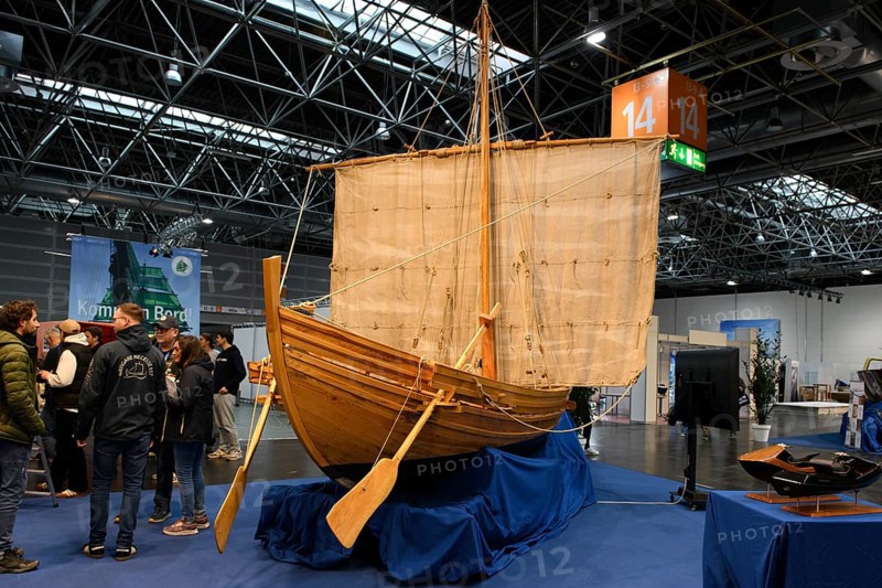 Press photo Replica of an ancient historic Roman merchant ship Bissula by the University of Trier on a scale of 1:3 at in Messe Boot, Düsseldorf, North Rhine-Westphalia, Germany