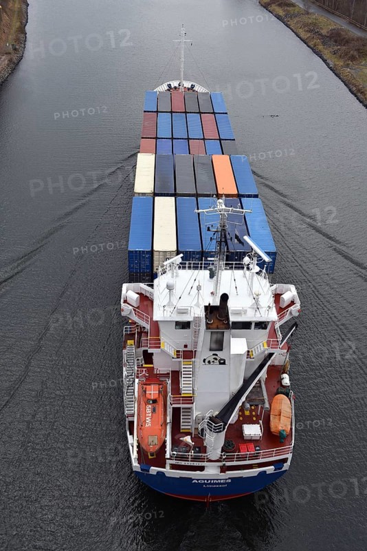 Aerial view, container ship AGUIMES in the Kiel Canal, NOK, Kiel Canal, Kielcanal, Schleswig-Holstein, Germany