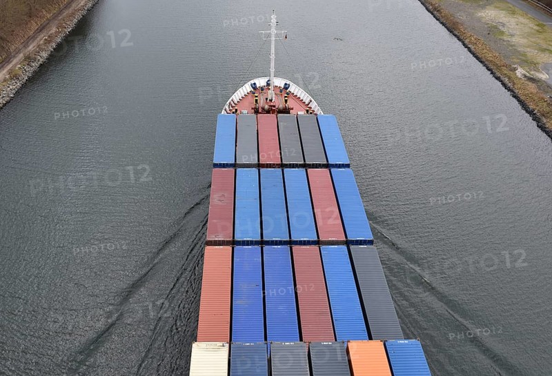 Aerial view, drone view of a container ship in the Kiel Canal, NOK, Kiel Canal, Kiel Canal, Schleswig-Holstein, Germany