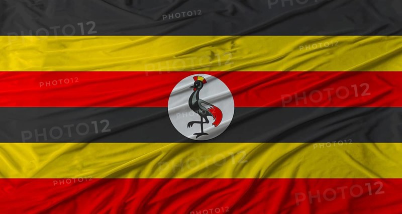 Ugandan flag waving. Flag of Uganda with cloth texture