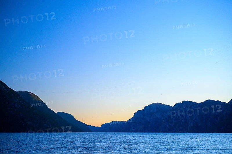 Mountain landscape at Lysefjord in soft morning light with clear sky, Lysefjord, Rogaland, Norway