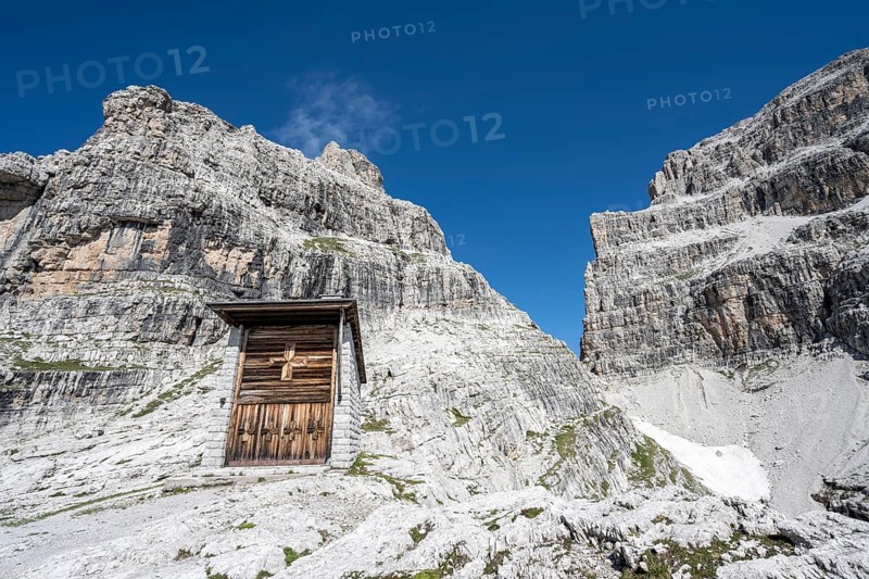 Mountain chapel at Rifugio Pedrotti mountain hut, Brenta Mountains, Brenta-Adamello Natural Park, Trentino, Italy