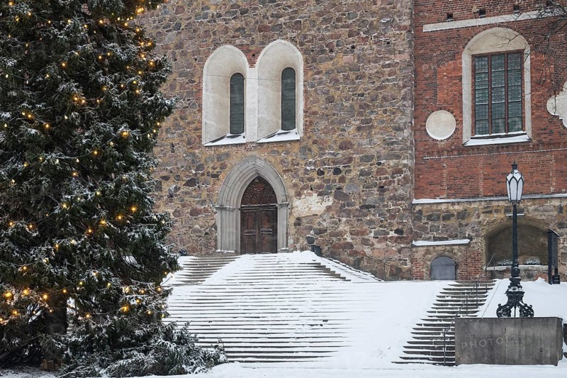Christmas tree with fairy lights in front of stairs leading to the main portal, Turku Cathedral, Finnish Turun Tuomiokirkko, Swedish Åbo Domkyrka, medieval cathedral, main church of the Evangelical Lutheran Church, wintery Turku, Finland
