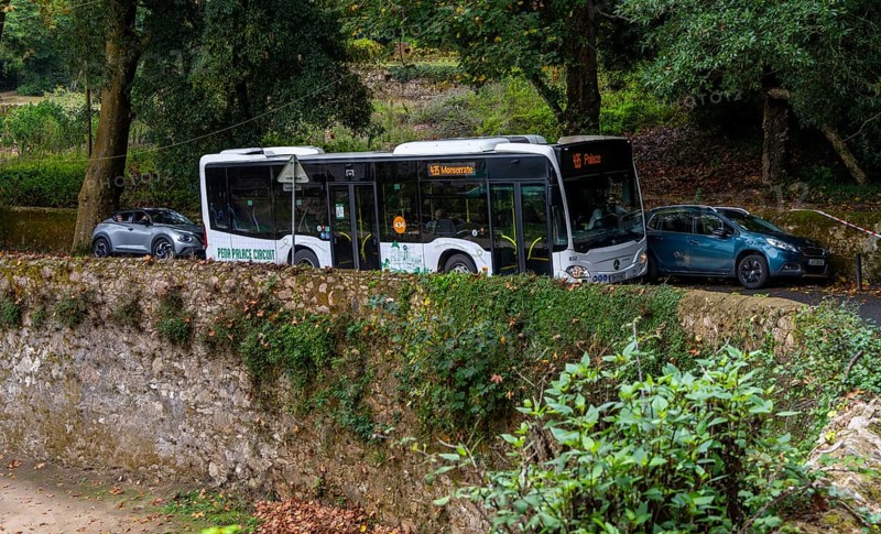 Public bus to Monserrate on a narrow street in Sintra, Lisbon, Portugal