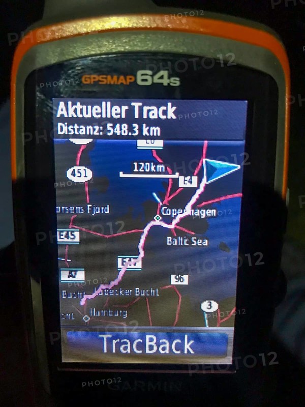 Växjö, Kronobergs län, Sweden, evening view of a GPS device with a mapped route and information about the current route