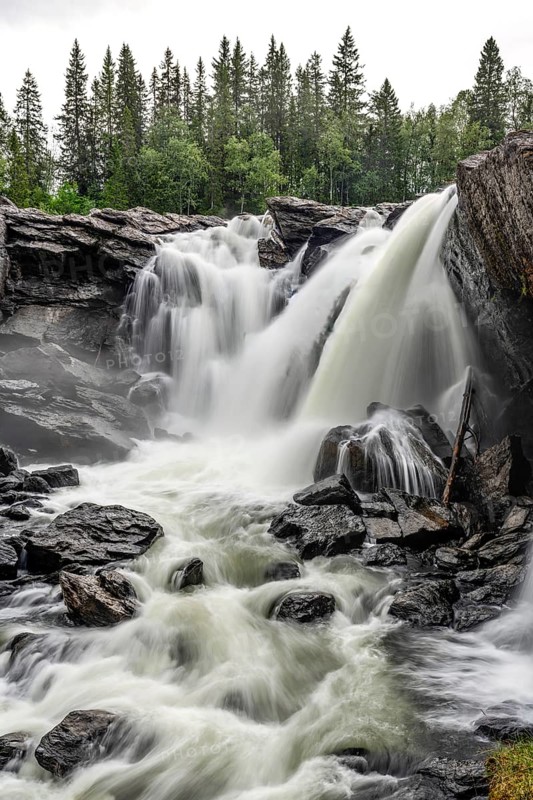 Powerful, foaming waterfall surrounded by trees through rough rocks