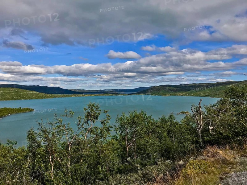 Haugastøl, Viken, Norway, Blue Lake under cloudy sky surrounded by green countryside and mountains, A clear lake surrounded by green vegetation and mountains under a cloudy sky in Hardangervidda