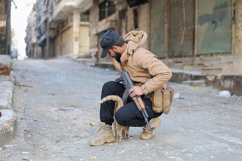 In Aleppo, Syria on January 10, 2026, a Syrian Army soldier crouches to pet a stray cat in the street following intense battles with SDF forces in the Sheikh Maqsoud and Ashrafieh neighborhoods after the withdrawal of Kurdish groups towards eastern Syria, Aleppo, Sheikh Maqsood, Syria