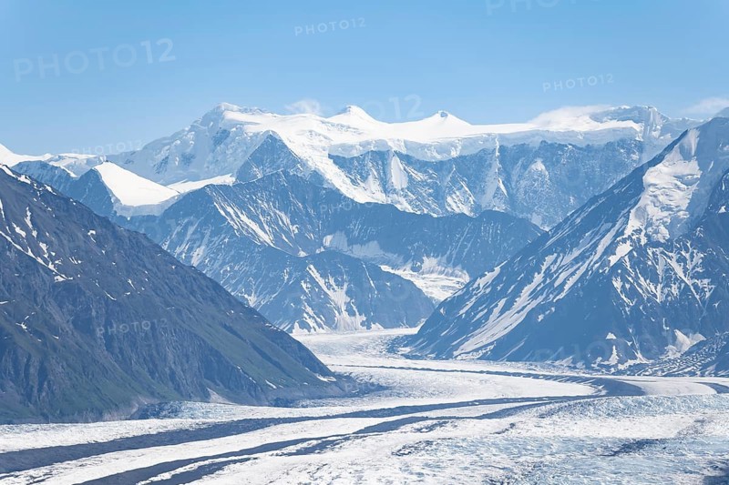 View of impressive mountain landscape with Matanuska glacier and glaciated mountain peaks, Lion's Head, Chugach Mountains, Alaska, USA