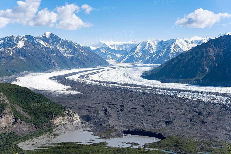 View of impressive mountain landscape with the Matanuska Glacier tongue, Lion's Head, Chugach Mountains, Alaska, USA