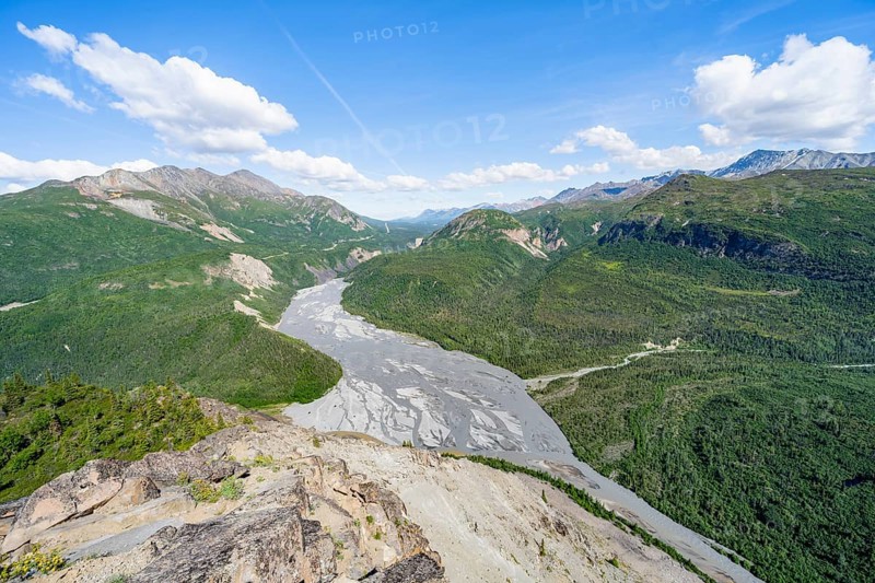 View of impressive mountain landscape with Matanuska River, Lion's Head, Chugach Mountains, Alaska, USA
