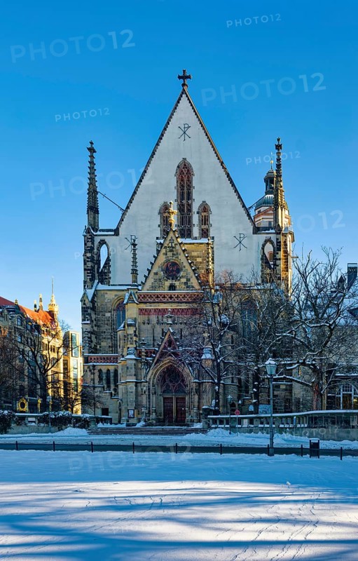 Historic St. Thomas Church, place of work of Johann Sebastian Bach, Protestant Church, Thomaner, in winter when there is snow