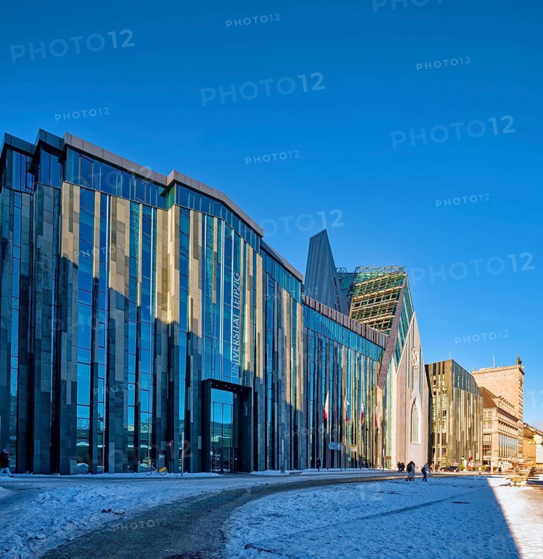 University of Leipzig, lecture hall building and Paulinum on Augustusplatz in winter with snow, Leipzig, Saxony, Germany