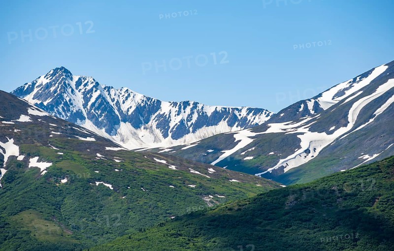 Mountain peak with snow, Alaska Range, Richardson Highway, Alaska, USA