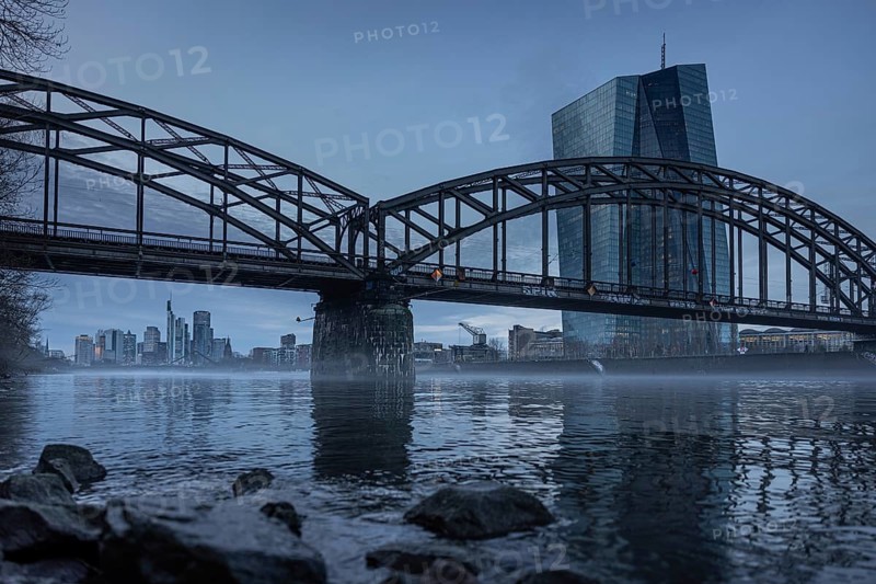 Fog drifts across the river Main in front of the European Central Bank (ECB) in Frankfurt, Osthafen, Frankfurt am Main, Hesse, Germany