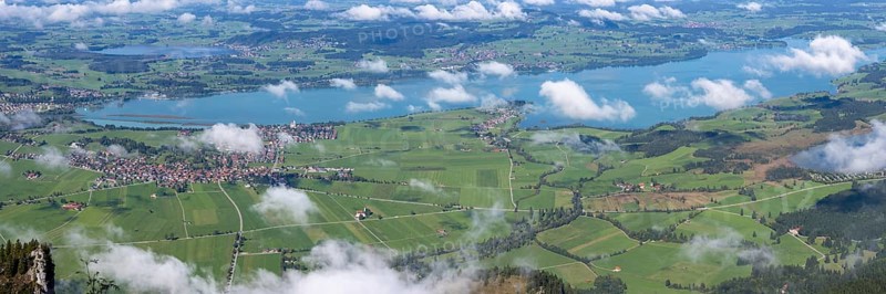 Panorama from Tegelberg, 1881m, on Schwangau, Waltenhofen, Forggensee and Hopfensee, Füssener Land, Ostallgäu, Bavaria, Germany