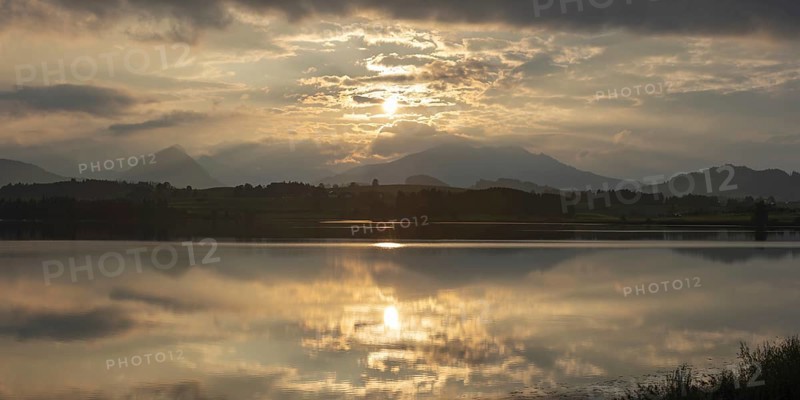Sunset panorama, Hopfensee, Hopfen am See, near Füssen, Ostallgäu, Allgäu, Bavaria, Germany