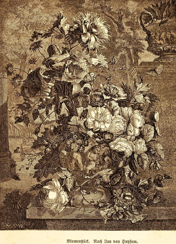 Flower piece, after Jan van Huysum (1682-1749), Dutch painter, famous, art history, painting, blossoms, leaves, flower bouquet, Netherlands, historical illustration 1869