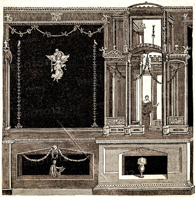 Pompeian wall decoration, ornamentation, Pompeii, Italy, historical illustration 1869