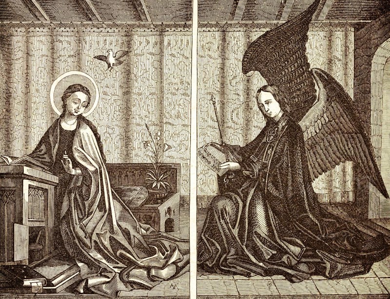 Outer wings of the altar of the city patron or Epiphany altar or Cologne cathedral image, Cologne Cathedral, the outer wings of the cathedral image, Cologne, Germany, saints, wings, book, reading, interior, historical illustration 1869