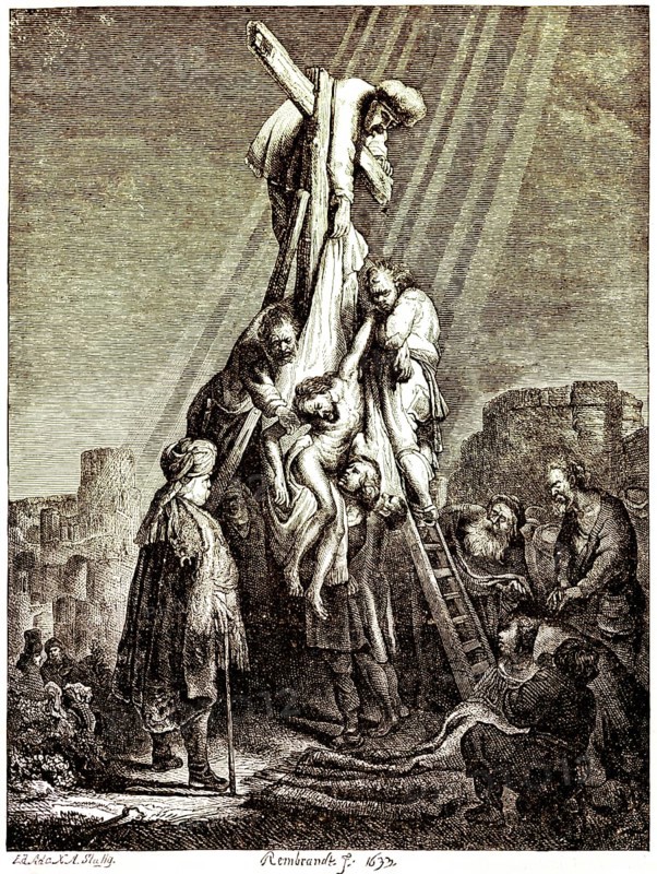 The Descent from the Cross, after Rembrandt van Rijn (1606-1669), Bible, New Testament, Jesus' crucifixion, ladder, rays of light, take down, liberate, helper, painting, historical illustration 1869