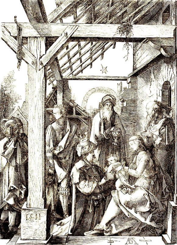 The Magi give presents to the Christ Child, sage from the East, based on a woodcut by Albrecht Dürer, religion, the birth of Christ, Jerusalem, stable, crib, star, Mary, Joseph, historical illustration 1869