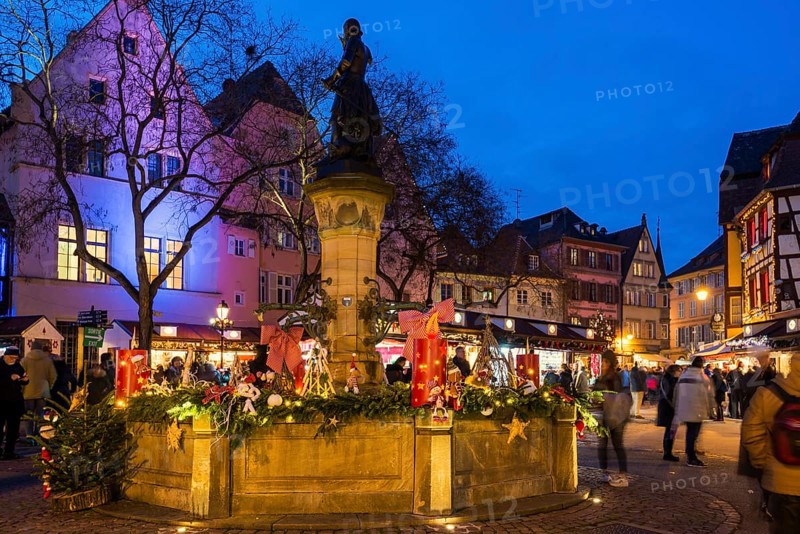 Colourfully illuminated and Christmassy decorated half-timbered houses, old town, blue hour, Colmar, Haut-Rhin department, Alsace, France