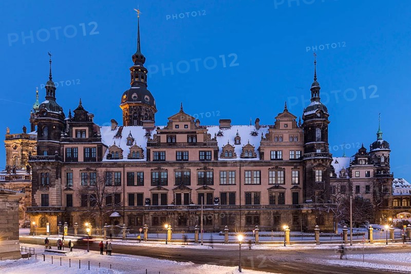 Royal Palace on a winter evening, exterior view with snow, Dresden, Saxony, Germany