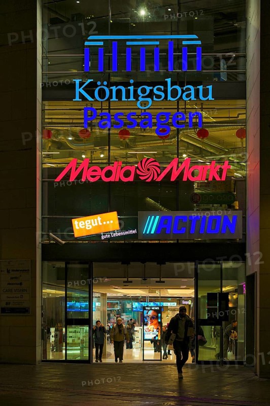 Night view, logo media market, Tegut, action, entrance Königsbau Passagen, shopping center, Stuttgart, Baden-Württemberg, Germany