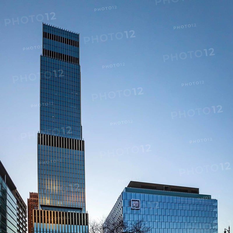 Detroit, Michigan - General Motors' new headquarters (right) in the Hudson's Detroit development. The taller building, still under construction, will house a luxury hotel and condominiums