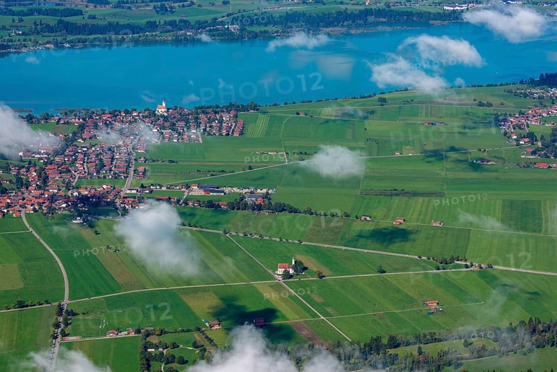 Panorama from Tegelberg, 1881m, on Schwangau, Waltenhofen and Forggensee, Füssener Land, Ostallgäu, Bavaria, Germany
