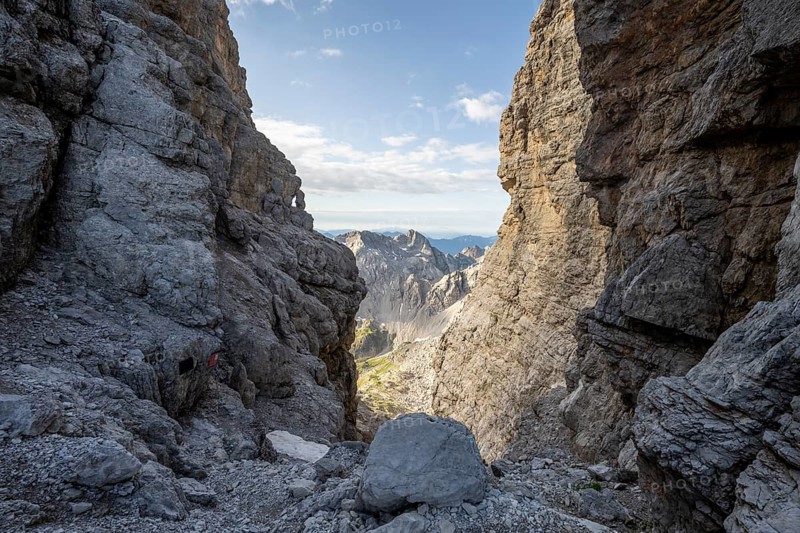 View from the Bocca degli Armi Bridge, access to the Via Ferrata Bocciere Centrale via ferrata, Brenta Mountains, Brenta-Adamello Natural Park, Trentino, Italy