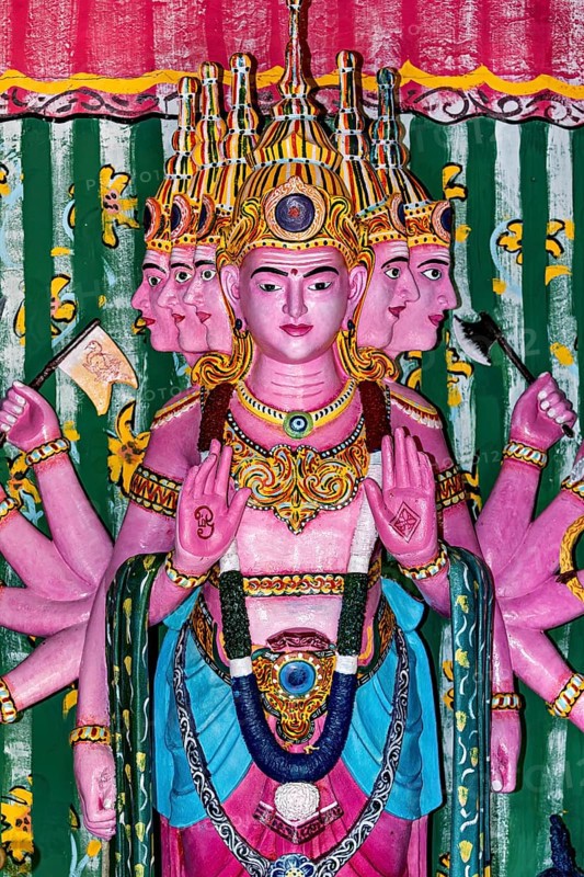 Colourful depiction of a multi-headed deity with detailed decorations, the Seema Malaka temple with the Buddha statues in Colombo Sri Lanka
