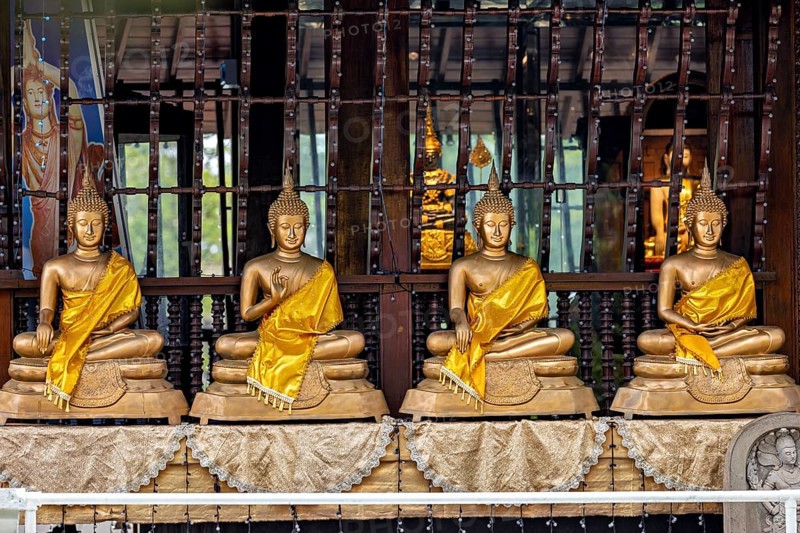 Row of Buddha statues in a temple, separated by bars, all with yellow robes, The Seema Malaka Temple with the Buddha statues in Colombo Sri Lanka